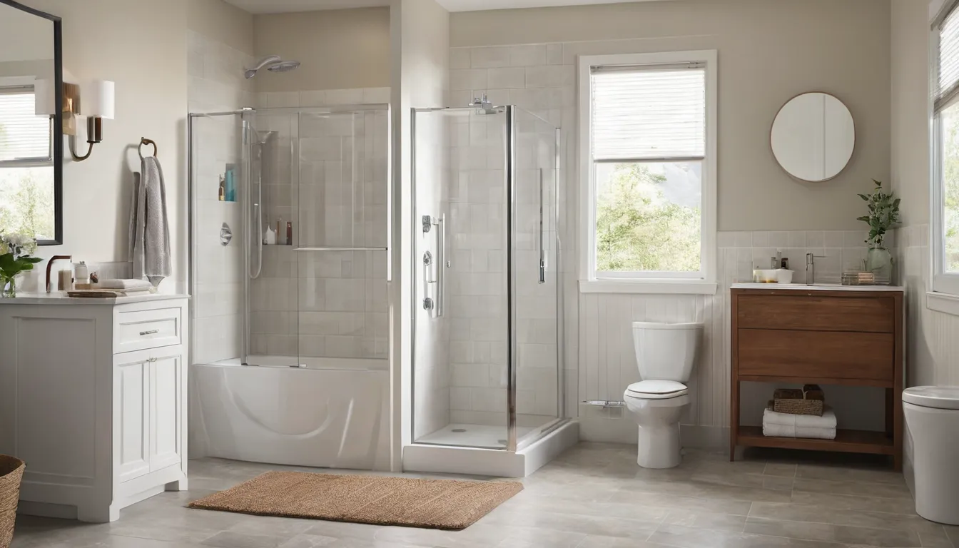 A smiling older homeowner and a local provider reviewing a walk-in tub in a bright home bathroom in the Quogue area